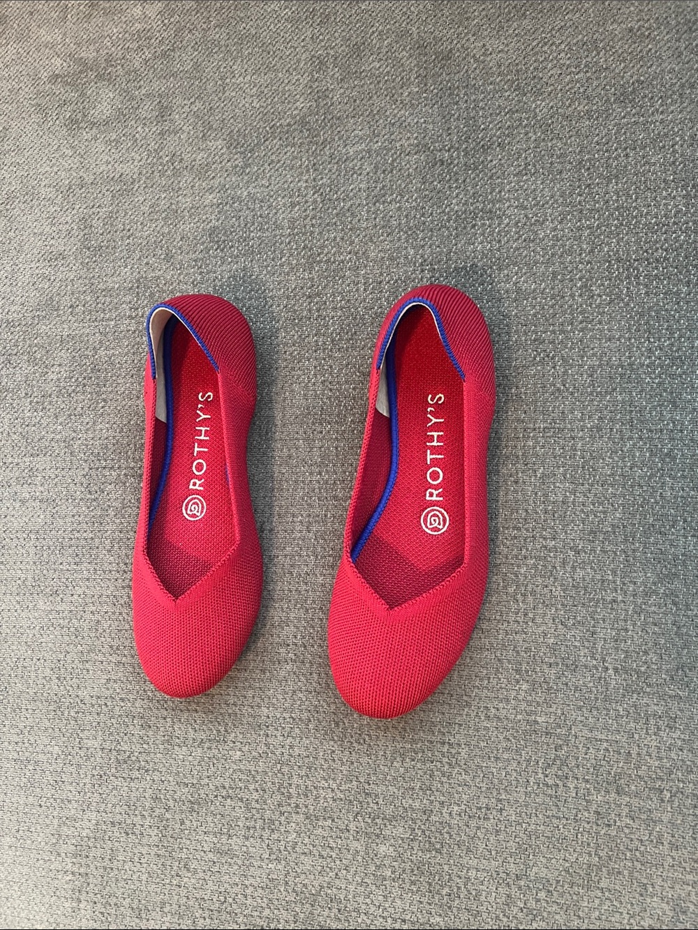 Rothy's Women's Red Pointed Knit Flats with Blue Trim